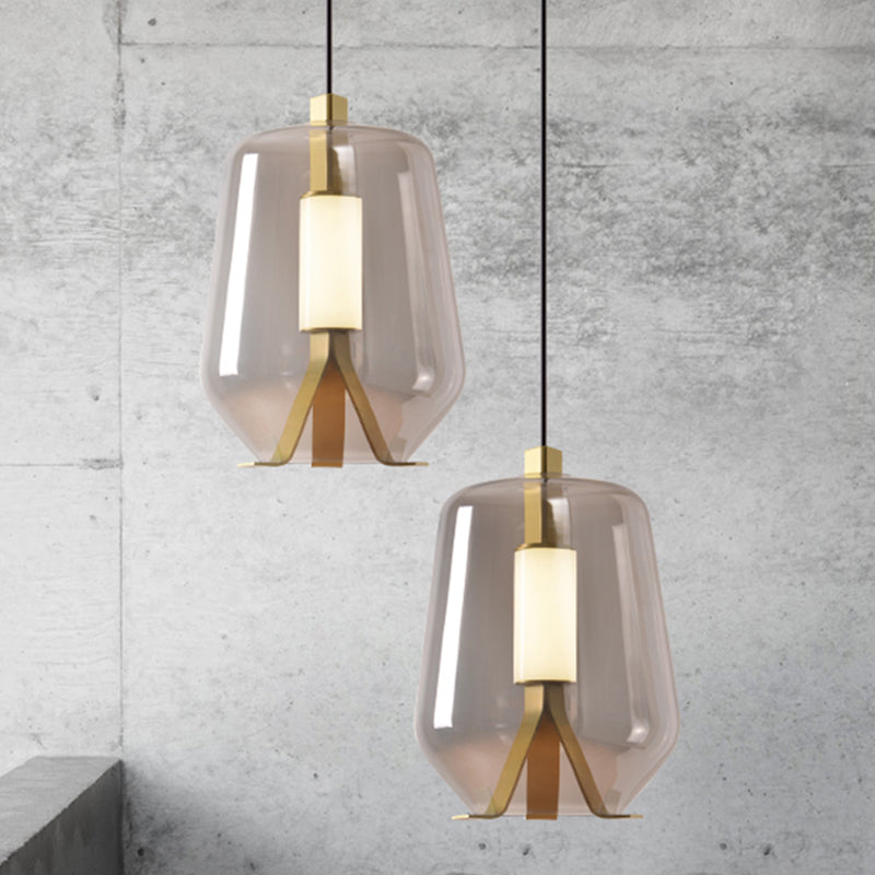 Dining Table LED Pendant Lighting Postmodern Brass Hanging Light with Bottle Smoke Grey/Cognac Glass Shade Cognac Clearhalo 'Ceiling Lights' 'Glass shade' 'Glass' 'Modern Pendants' 'Modern' 'Pendant Lights' 'Pendants' Lighting' 1135707