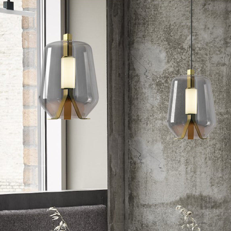 Dining Table LED Pendant Lighting Postmodern Brass Hanging Light with Bottle Smoke Grey/Cognac Glass Shade Smoke Gray Clearhalo 'Ceiling Lights' 'Glass shade' 'Glass' 'Modern Pendants' 'Modern' 'Pendant Lights' 'Pendants' Lighting' 1135711