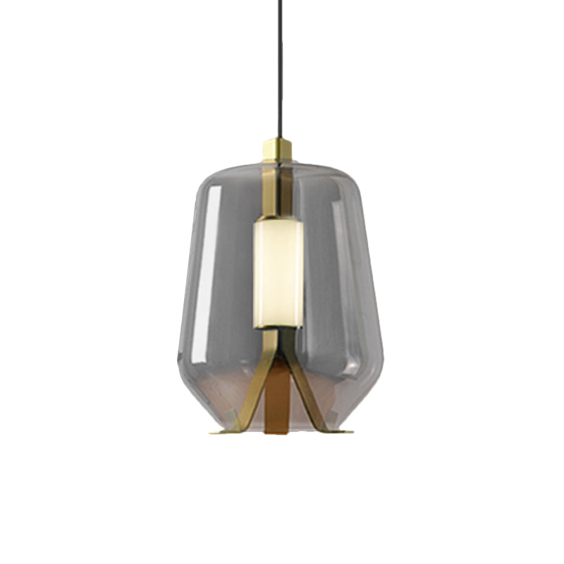 Dining Table LED Pendant Lighting Postmodern Brass Hanging Light with Bottle Smoke Grey/Cognac Glass Shade Clearhalo 'Ceiling Lights' 'Glass shade' 'Glass' 'Modern Pendants' 'Modern' 'Pendant Lights' 'Pendants' Lighting' 1135713