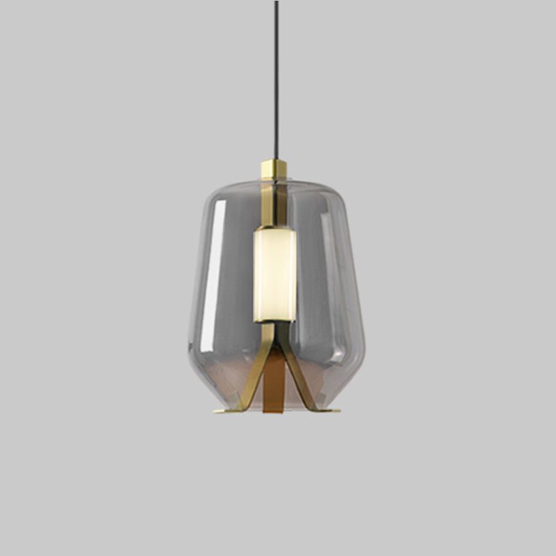 Dining Table LED Pendant Lighting Postmodern Brass Hanging Light with Bottle Smoke Grey/Cognac Glass Shade Clearhalo 'Ceiling Lights' 'Glass shade' 'Glass' 'Modern Pendants' 'Modern' 'Pendant Lights' 'Pendants' Lighting' 1135714