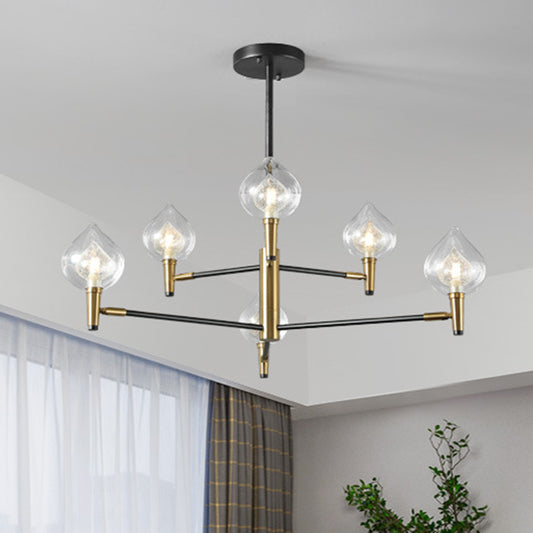 Raindrop Chandelier Postmodern Clear and Seedy Glass 6/8-Bulb Bedroom Drop Lamp with Branching Arm in Black and Gold 6 Black-Gold Clearhalo 'Ceiling Lights' 'Chandeliers' 'Modern Chandeliers' 'Modern' Lighting' 1135755