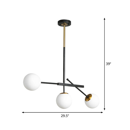 Black-Gold Branching Suspension Pendant Modern 3 Lights Opal Ball Glass Chandelier Lighting Clearhalo 'Ceiling Lights' 'Chandeliers' 'Modern Chandeliers' 'Modern' Lighting' 1135763