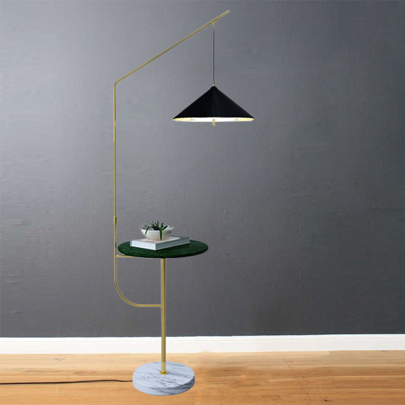 Metallic Conic Shade Floor Lighting Post Modern 1 Head Standing Floor Lamp in Black and Gold with Shelf Black Clearhalo 'Floor Lamps' 'Lamps' Lighting' 1135776