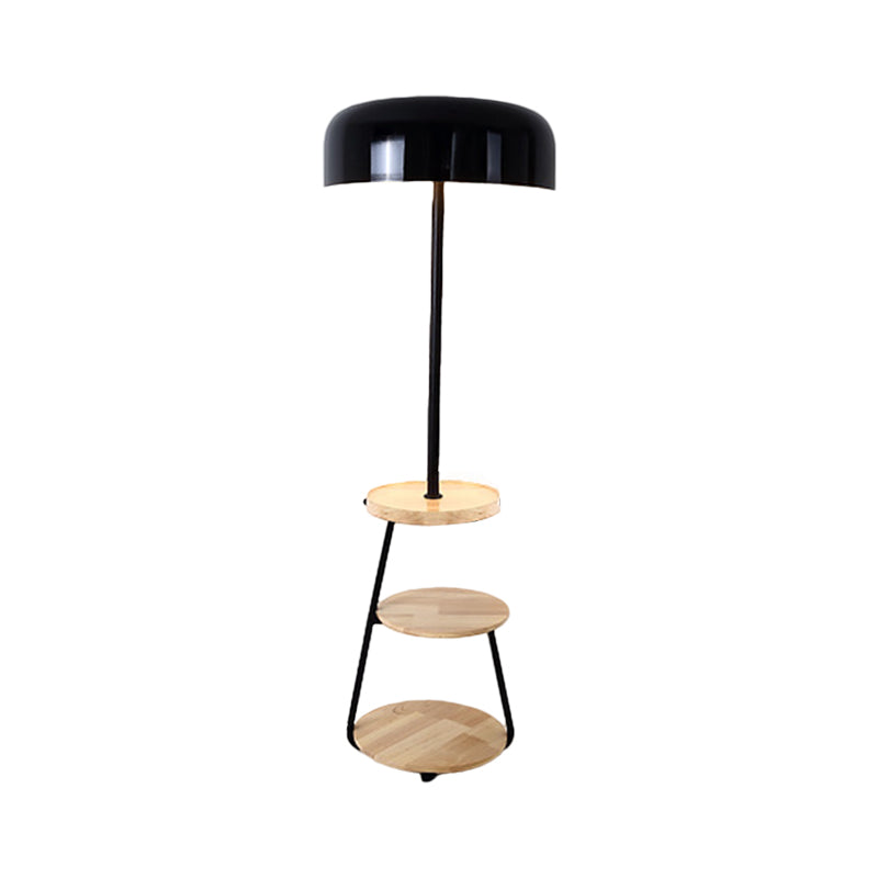 Black Finish Bowl Shade Floor Standing Light Modernism 2 Bulbs Metal Floor Lamp with Wood Shelves Clearhalo 'Floor Lamps' 'Lamps' Lighting' 1135782