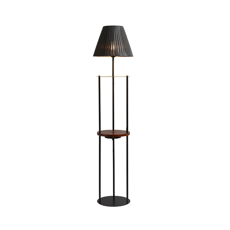 Pleated Fabric Tapered Stand Up Light Modernist 1-Light Black Finish Standing Floor Lamp with Shelf Clearhalo 'Floor Lamps' 'Lamps' Lighting' 1135798