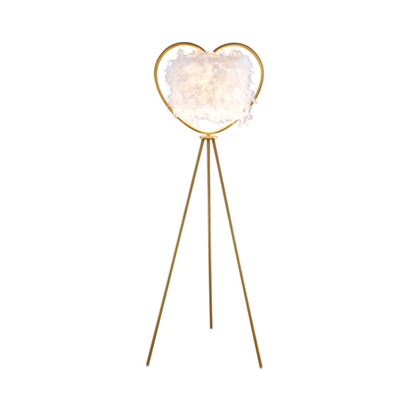 Loving Heart Frame Floor Lamp Post Modern Metallic 1-Head Black/Gold Finish Tripod Floor Standing Light with Feather Shade Clearhalo 'Floor Lamps' 'Lamps' Lighting' 1135815