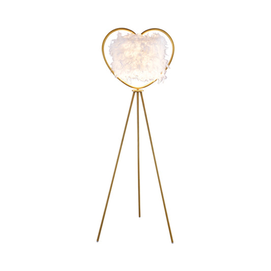 Loving Heart Frame Floor Lamp Post Modern Metallic 1-Head Black/Gold Finish Tripod Floor Standing Light with Feather Shade Clearhalo 'Floor Lamps' 'Lamps' Lighting' 1135815