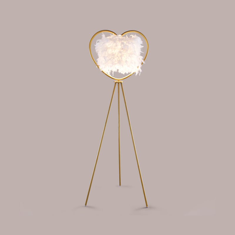 Loving Heart Frame Floor Lamp Post Modern Metallic 1-Head Black/Gold Finish Tripod Floor Standing Light with Feather Shade Clearhalo 'Floor Lamps' 'Lamps' Lighting' 1135816