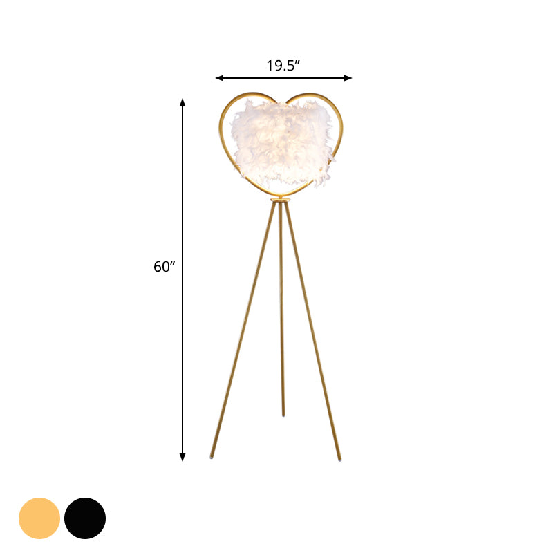 Loving Heart Frame Floor Lamp Post Modern Metallic 1-Head Black/Gold Finish Tripod Floor Standing Light with Feather Shade Clearhalo 'Floor Lamps' 'Lamps' Lighting' 1135817