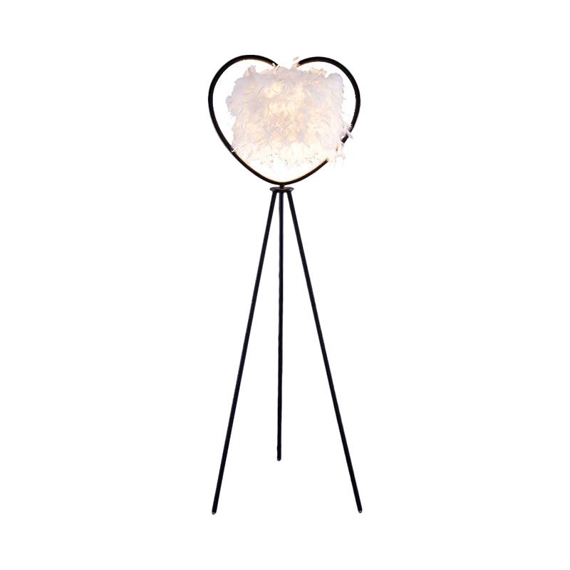 Loving Heart Frame Floor Lamp Post Modern Metallic 1-Head Black/Gold Finish Tripod Floor Standing Light with Feather Shade Clearhalo 'Floor Lamps' 'Lamps' Lighting' 1135821