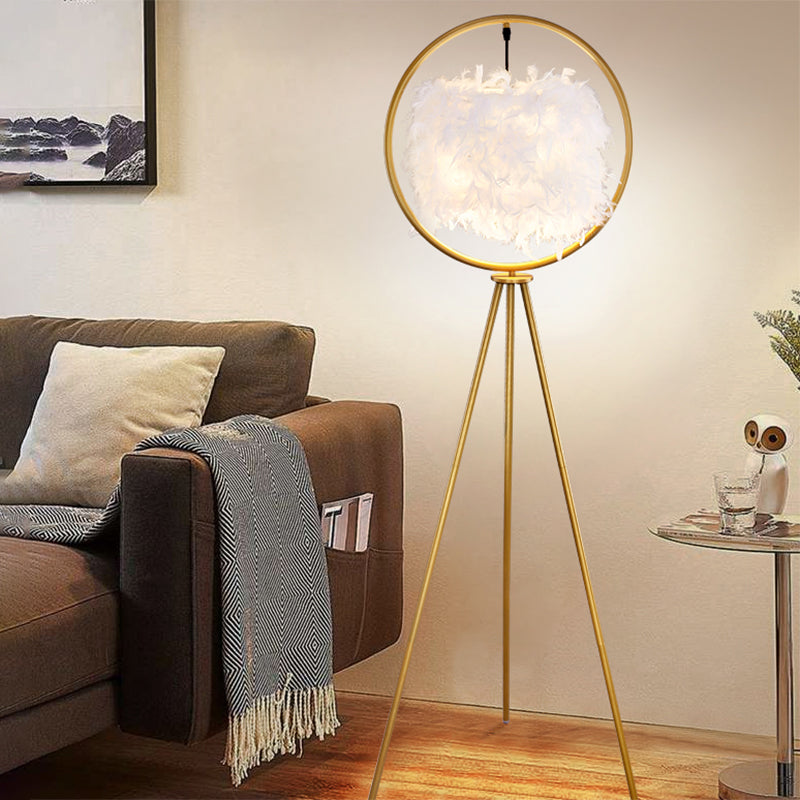 Black/Gold Ring Tripod Floor Light Postmodern 1 Bulb Metal Standing Floor Lamp with Feather Shade Clearhalo 'Floor Lamps' 'Lamps' Lighting' 1135831