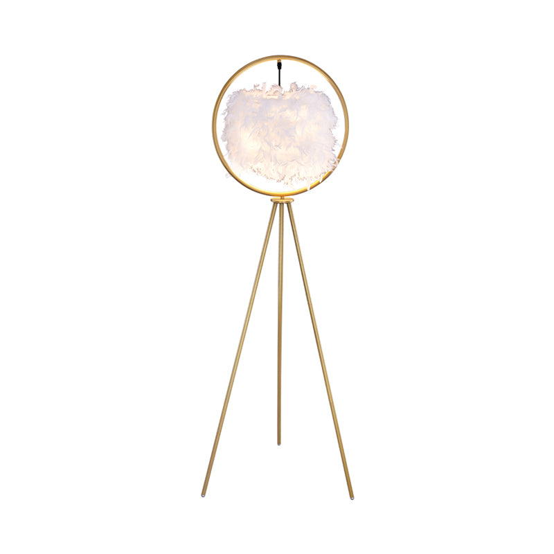 Black/Gold Ring Tripod Floor Light Postmodern 1 Bulb Metal Standing Floor Lamp with Feather Shade Clearhalo 'Floor Lamps' 'Lamps' Lighting' 1135832