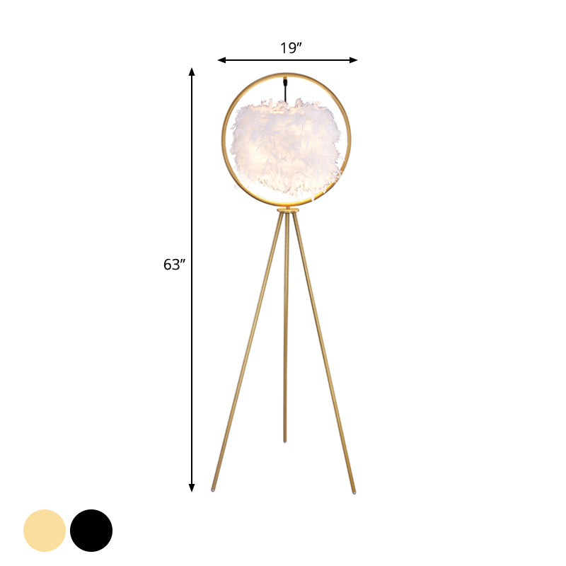 Black/Gold Ring Tripod Floor Light Postmodern 1 Bulb Metal Standing Floor Lamp with Feather Shade Clearhalo 'Floor Lamps' 'Lamps' Lighting' 1135833