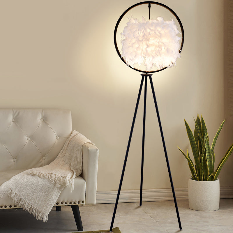 Black/Gold Ring Tripod Floor Light Postmodern 1 Bulb Metal Standing Floor Lamp with Feather Shade Black Clearhalo 'Floor Lamps' 'Lamps' Lighting' 1135834
