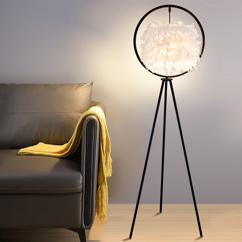 Black/Gold Ring Tripod Floor Light Postmodern 1 Bulb Metal Standing Floor Lamp with Feather Shade Clearhalo 'Floor Lamps' 'Lamps' Lighting' 1135835