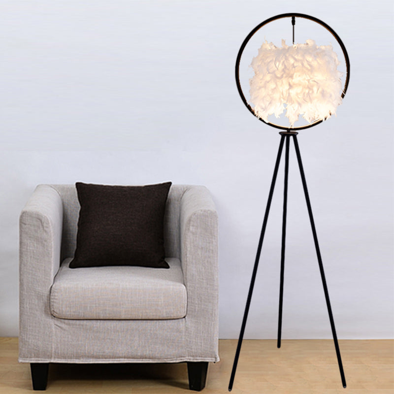 Black/Gold Ring Tripod Floor Light Postmodern 1 Bulb Metal Standing Floor Lamp with Feather Shade Clearhalo 'Floor Lamps' 'Lamps' Lighting' 1135836