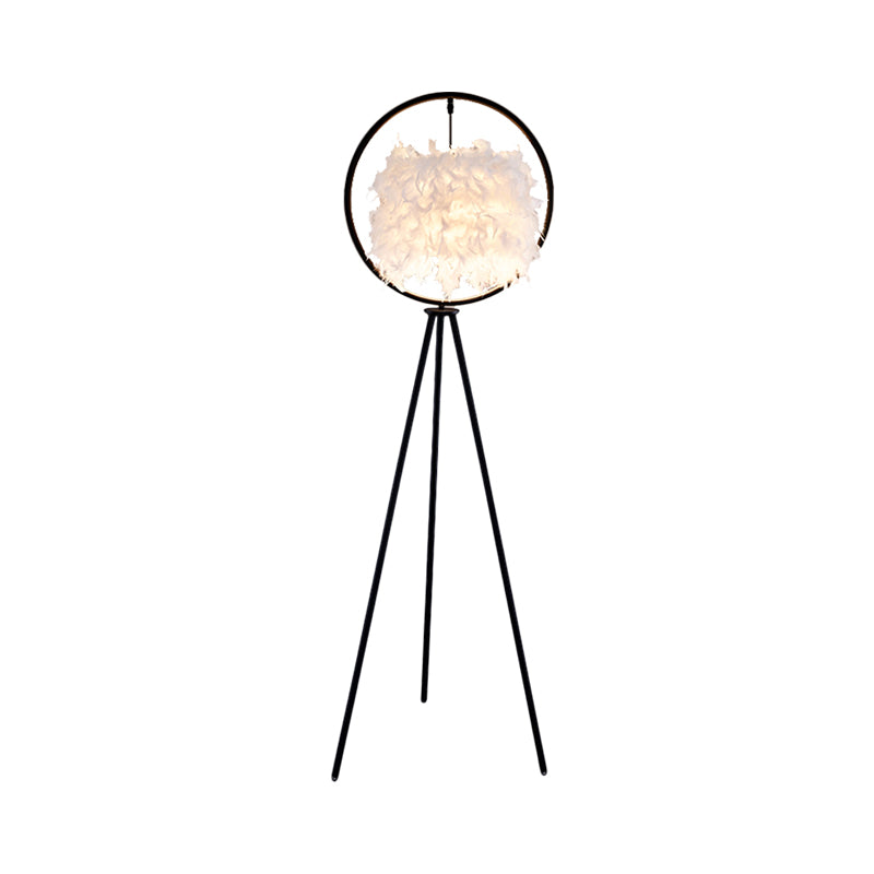 Black/Gold Ring Tripod Floor Light Postmodern 1 Bulb Metal Standing Floor Lamp with Feather Shade Clearhalo 'Floor Lamps' 'Lamps' Lighting' 1135837