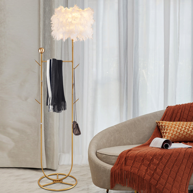 U-Shape Metallic Tree Floor Lighting Simplicity 1 Light Black/Gold Finish Stand Up Lamp with Feather Shade Clearhalo 'Floor Lamps' 'Lamps' Lighting' 1135839