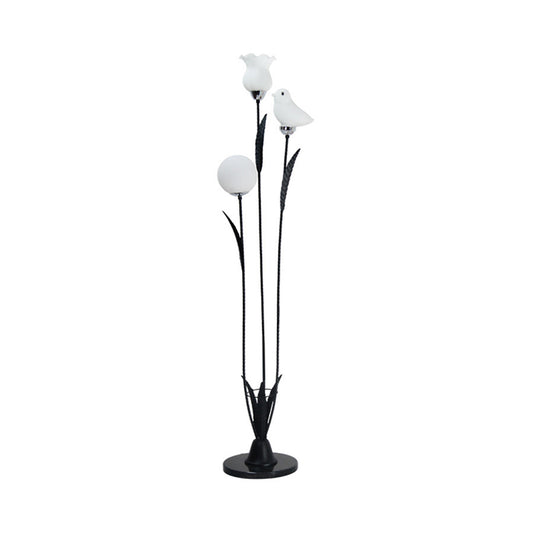 3-Bulb Living Room Tree Floor Light Contemporary Black/White Stand Up Lamp with Orb-Flower-Bird Shape Cream Glass Shade Clearhalo 'Floor Lamps' 'Lamps' Lighting' 1135876