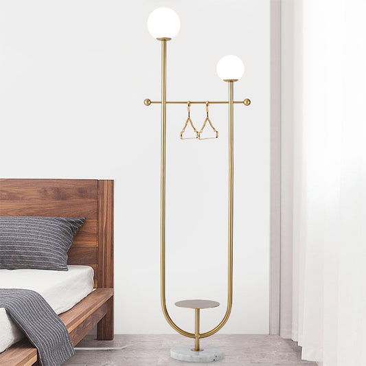 Spherical Standing Floor Light Postmodern Frosted Glass 2 Bulbs Gold U-Arm Standing Floor Lamp Gold Clearhalo 'Floor Lamps' 'Lamps' Lighting' 1135906