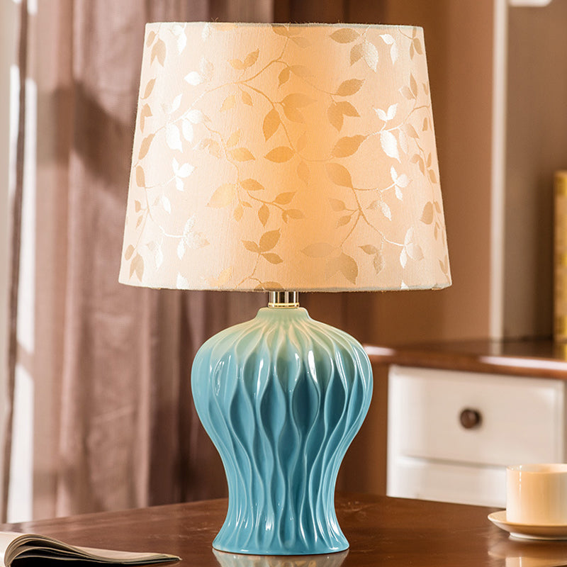 Leaf-Printed Fabric Beige Night Light Barrel Shade 1-Light Traditional Table Lighting with Blue Urn Base Blue Clearhalo 'Lamps' 'Table Lamps' Lighting' 1135910