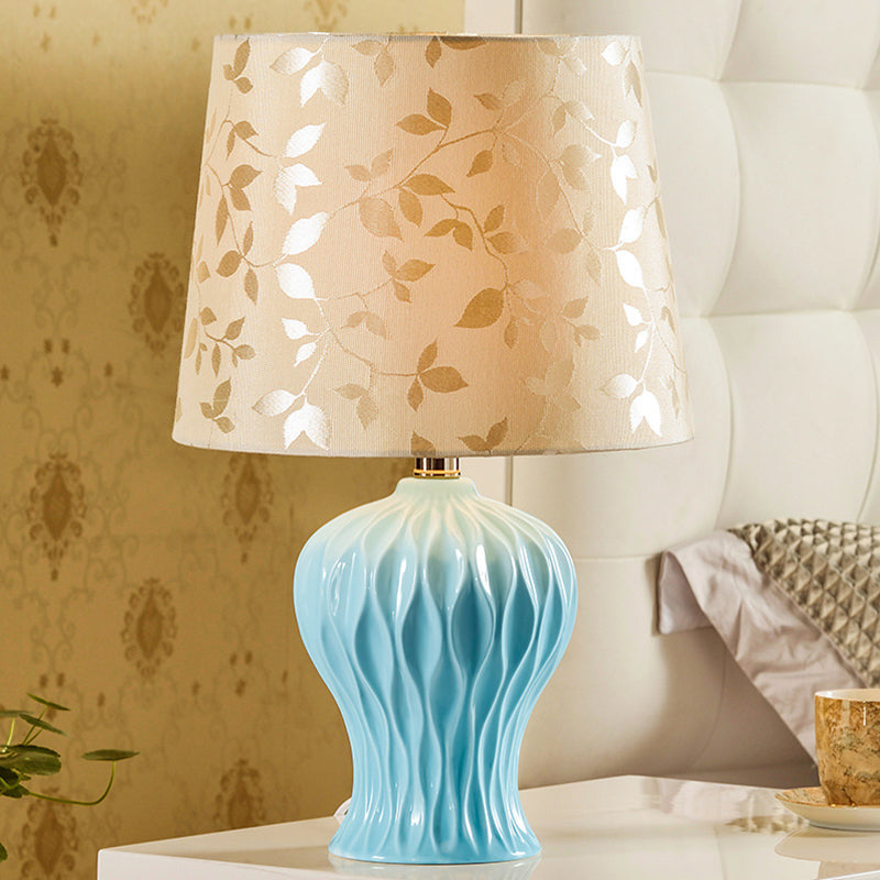 Leaf-Printed Fabric Beige Night Light Barrel Shade 1-Light Traditional Table Lighting with Blue Urn Base Clearhalo 'Lamps' 'Table Lamps' Lighting' 1135911