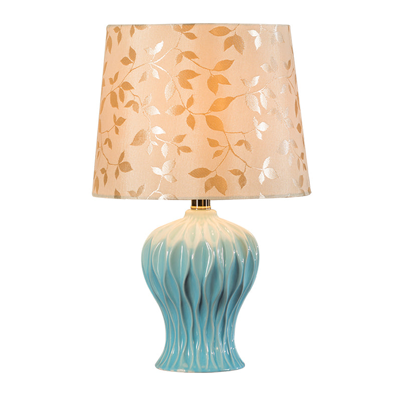 Leaf-Printed Fabric Beige Night Light Barrel Shade 1-Light Traditional Table Lighting with Blue Urn Base Clearhalo 'Lamps' 'Table Lamps' Lighting' 1135912