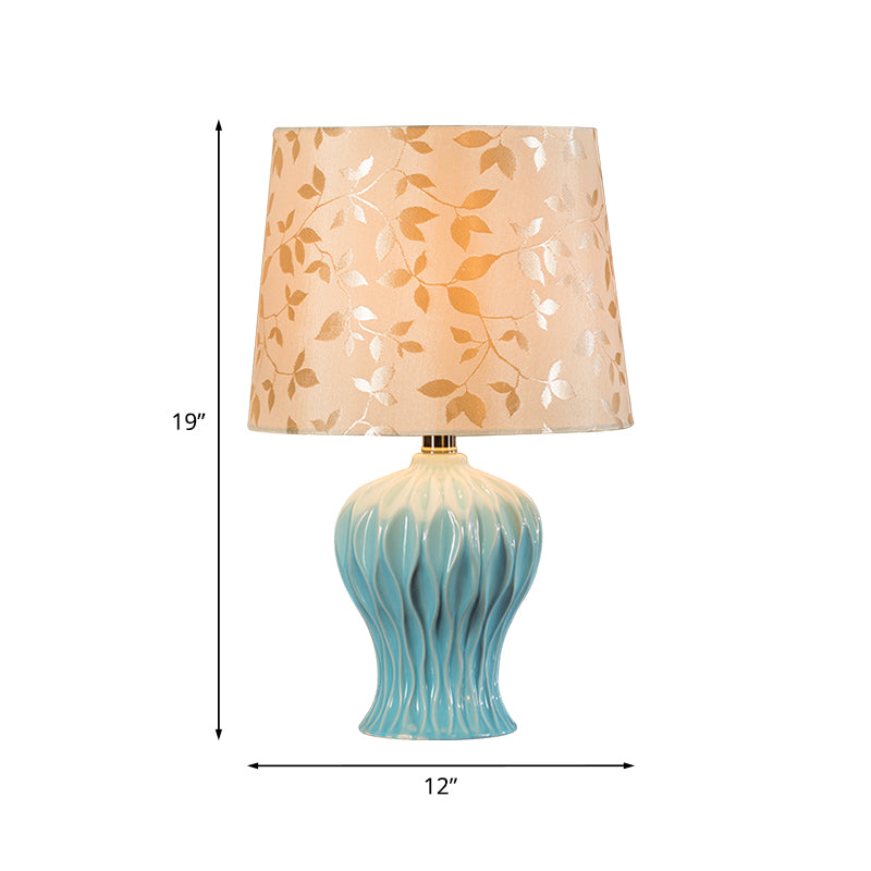 Leaf-Printed Fabric Beige Night Light Barrel Shade 1-Light Traditional Table Lighting with Blue Urn Base Clearhalo 'Lamps' 'Table Lamps' Lighting' 1135913