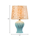 Leaf-Printed Fabric Beige Night Light Barrel Shade 1-Light Traditional Table Lighting with Blue Urn Base Clearhalo 'Lamps' 'Table Lamps' Lighting' 1135913