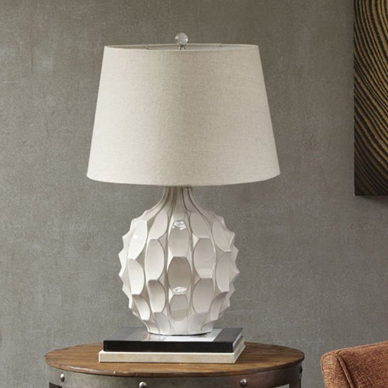 Rustic Pinecone Night Table Lamp 1 Head Ceramic Nightstand Light with Tapered Drum Shade in White White Clearhalo 'Lamps' 'Table Lamps' Lighting' 1135914