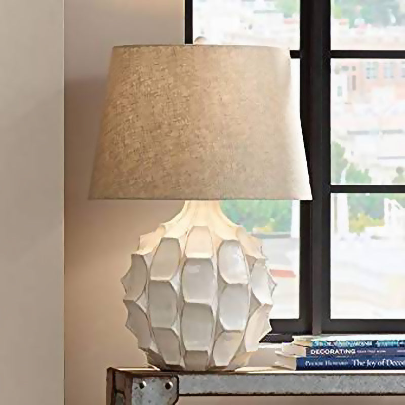 Rustic Pinecone Night Table Lamp 1 Head Ceramic Nightstand Light with Tapered Drum Shade in White Clearhalo 'Lamps' 'Table Lamps' Lighting' 1135915