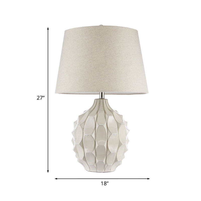Rustic Pinecone Night Table Lamp 1 Head Ceramic Nightstand Light with Tapered Drum Shade in White Clearhalo 'Lamps' 'Table Lamps' Lighting' 1135917