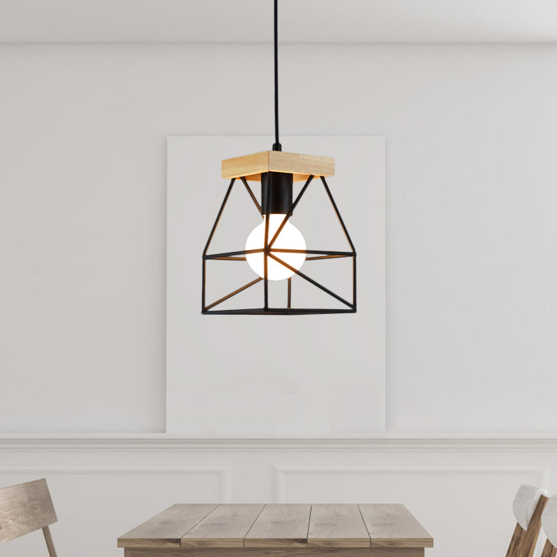 Macaron Geometric Pendant Light Fixture with Cage Shade 1 Light Metal Pendant Lighting in Black/Blue for Bedroom Black Clearhalo 'Ceiling Lights' 'Modern Pendants' 'Modern' 'Pendant Lights' 'Pendants' Lighting' 1135965