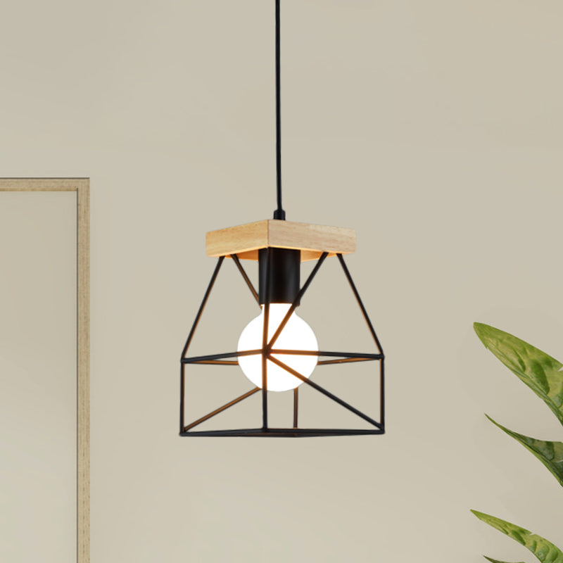 Macaron Geometric Pendant Light Fixture with Cage Shade 1 Light Metal Pendant Lighting in Black/Blue for Bedroom Clearhalo 'Ceiling Lights' 'Modern Pendants' 'Modern' 'Pendant Lights' 'Pendants' Lighting' 1135966