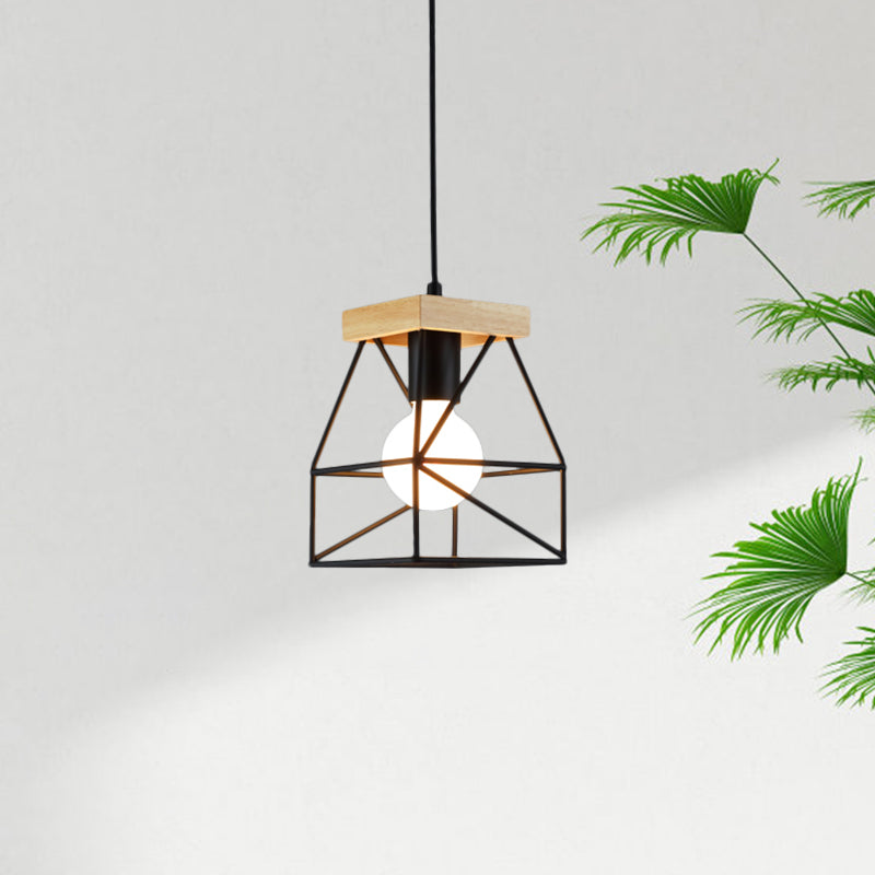 Macaron Geometric Pendant Light Fixture with Cage Shade 1 Light Metal Pendant Lighting in Black/Blue for Bedroom Clearhalo 'Ceiling Lights' 'Modern Pendants' 'Modern' 'Pendant Lights' 'Pendants' Lighting' 1135967