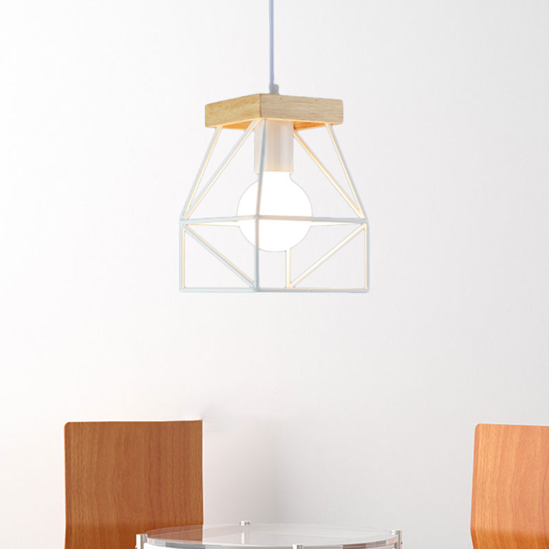 Macaron Geometric Pendant Light Fixture with Cage Shade 1 Light Metal Pendant Lighting in Black/Blue for Bedroom White Clearhalo 'Ceiling Lights' 'Modern Pendants' 'Modern' 'Pendant Lights' 'Pendants' Lighting' 1135970