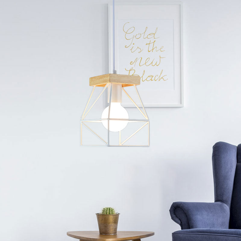 Macaron Geometric Pendant Light Fixture with Cage Shade 1 Light Metal Pendant Lighting in Black/Blue for Bedroom Clearhalo 'Ceiling Lights' 'Modern Pendants' 'Modern' 'Pendant Lights' 'Pendants' Lighting' 1135971