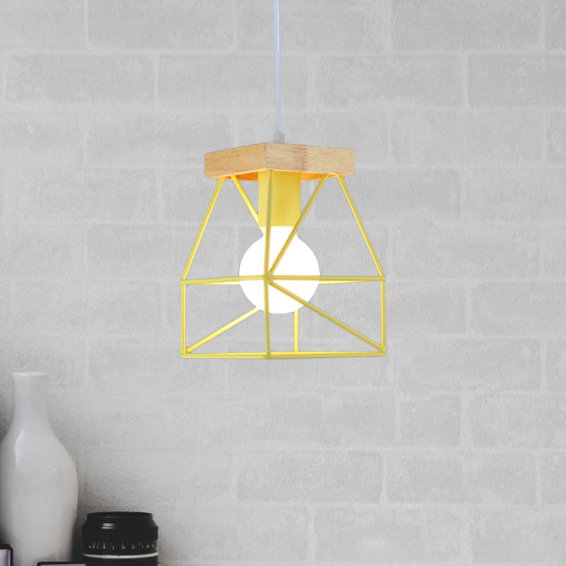 Macaron Geometric Pendant Light Fixture with Cage Shade 1 Light Metal Pendant Lighting in Black/Blue for Bedroom Yellow Clearhalo 'Ceiling Lights' 'Modern Pendants' 'Modern' 'Pendant Lights' 'Pendants' Lighting' 1135974