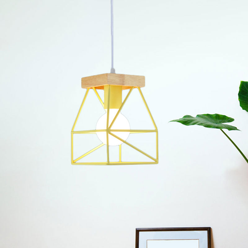 Macaron Geometric Pendant Light Fixture with Cage Shade 1 Light Metal Pendant Lighting in Black/Blue for Bedroom Clearhalo 'Ceiling Lights' 'Modern Pendants' 'Modern' 'Pendant Lights' 'Pendants' Lighting' 1135976