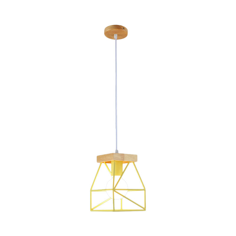 Macaron Geometric Pendant Light Fixture with Cage Shade 1 Light Metal Pendant Lighting in Black/Blue for Bedroom Clearhalo 'Ceiling Lights' 'Modern Pendants' 'Modern' 'Pendant Lights' 'Pendants' Lighting' 1135977