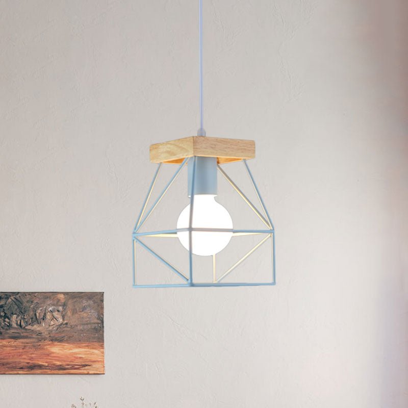 Macaron Geometric Pendant Light Fixture with Cage Shade 1 Light Metal Pendant Lighting in Black/Blue for Bedroom Blue Clearhalo 'Ceiling Lights' 'Modern Pendants' 'Modern' 'Pendant Lights' 'Pendants' Lighting' 1135978