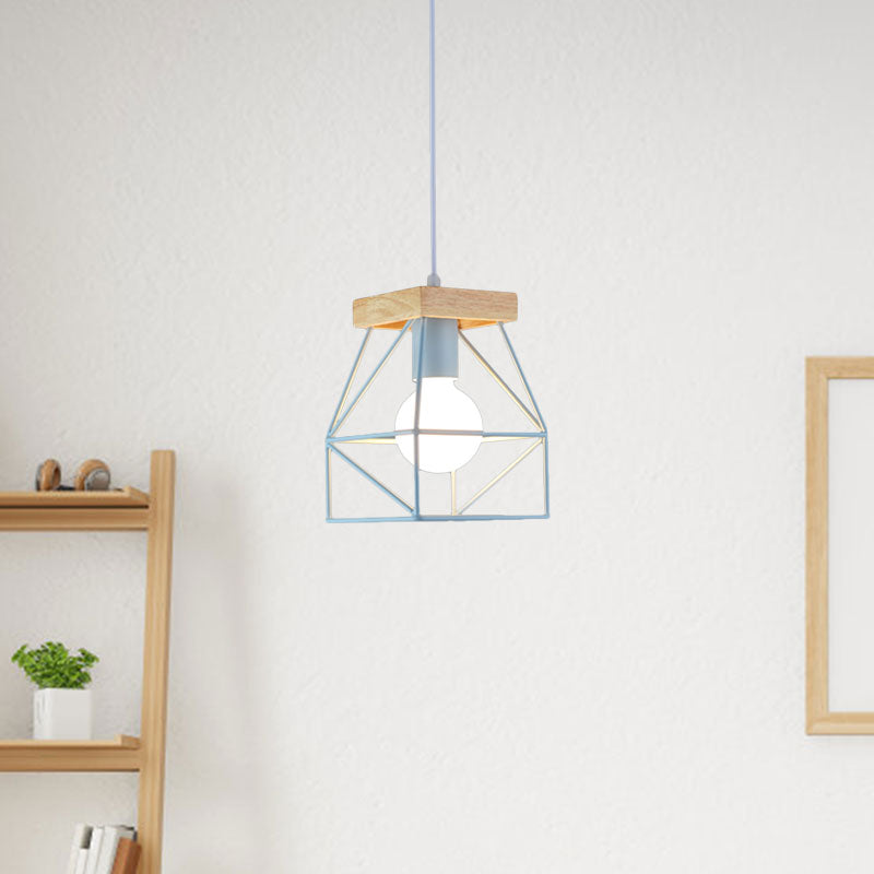 Macaron Geometric Pendant Light Fixture with Cage Shade 1 Light Metal Pendant Lighting in Black/Blue for Bedroom Clearhalo 'Ceiling Lights' 'Modern Pendants' 'Modern' 'Pendant Lights' 'Pendants' Lighting' 1135979