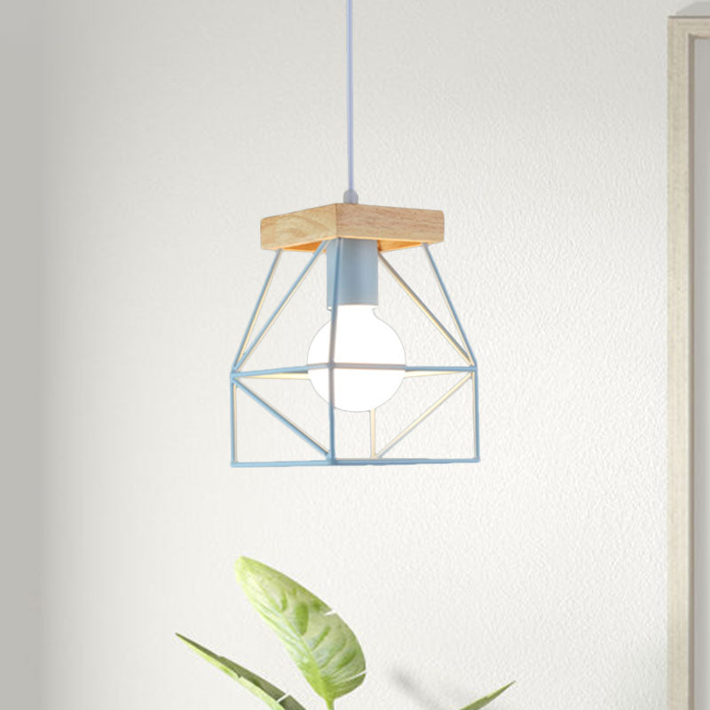 Macaron Geometric Pendant Light Fixture with Cage Shade 1 Light Metal Pendant Lighting in Black/Blue for Bedroom Clearhalo 'Ceiling Lights' 'Modern Pendants' 'Modern' 'Pendant Lights' 'Pendants' Lighting' 1135980