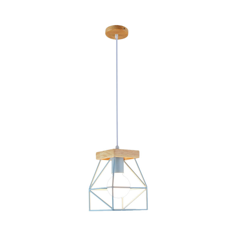 Macaron Geometric Pendant Light Fixture with Cage Shade 1 Light Metal Pendant Lighting in Black/Blue for Bedroom Clearhalo 'Ceiling Lights' 'Modern Pendants' 'Modern' 'Pendant Lights' 'Pendants' Lighting' 1135981