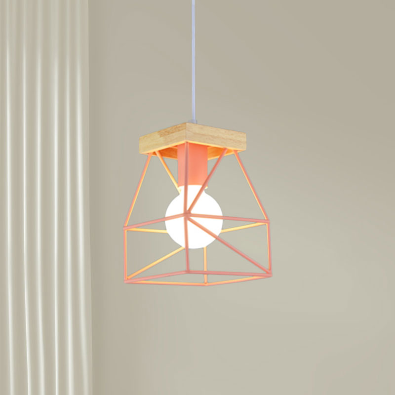 Macaron Geometric Pendant Light Fixture with Cage Shade 1 Light Metal Pendant Lighting in Black/Blue for Bedroom Pink Clearhalo 'Ceiling Lights' 'Modern Pendants' 'Modern' 'Pendant Lights' 'Pendants' Lighting' 1135982