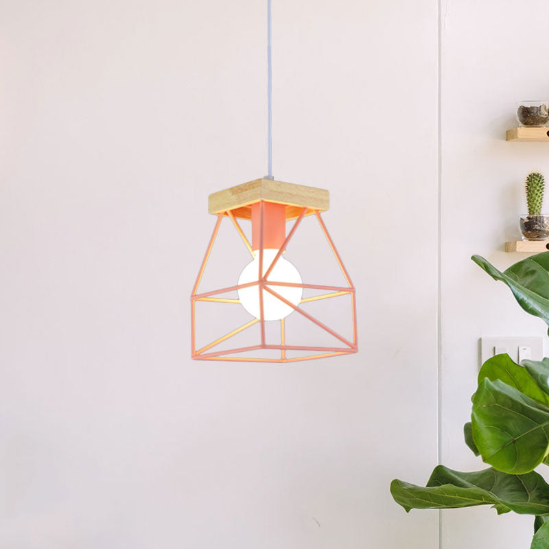 Macaron Geometric Pendant Light Fixture with Cage Shade 1 Light Metal Pendant Lighting in Black/Blue for Bedroom Clearhalo 'Ceiling Lights' 'Modern Pendants' 'Modern' 'Pendant Lights' 'Pendants' Lighting' 1135983