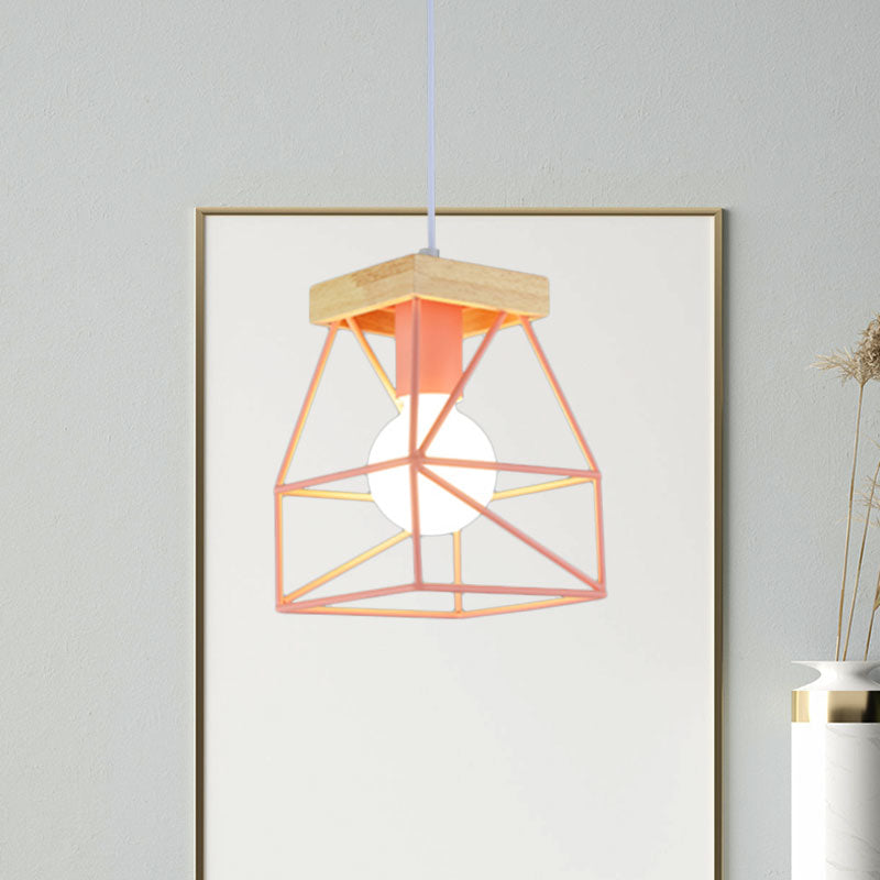 Macaron Geometric Pendant Light Fixture with Cage Shade 1 Light Metal Pendant Lighting in Black/Blue for Bedroom Clearhalo 'Ceiling Lights' 'Modern Pendants' 'Modern' 'Pendant Lights' 'Pendants' Lighting' 1135984