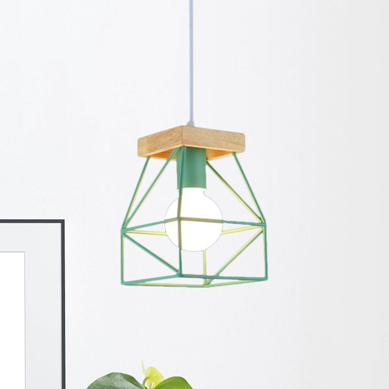 Macaron Geometric Pendant Light Fixture with Cage Shade 1 Light Metal Pendant Lighting in Black/Blue for Bedroom Green Clearhalo 'Ceiling Lights' 'Modern Pendants' 'Modern' 'Pendant Lights' 'Pendants' Lighting' 1135986