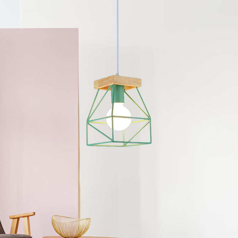 Macaron Geometric Pendant Light Fixture with Cage Shade 1 Light Metal Pendant Lighting in Black/Blue for Bedroom Clearhalo 'Ceiling Lights' 'Modern Pendants' 'Modern' 'Pendant Lights' 'Pendants' Lighting' 1135987