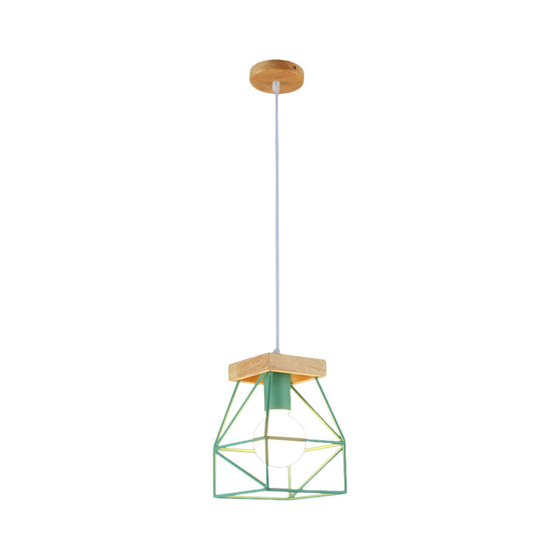 Macaron Geometric Pendant Light Fixture with Cage Shade 1 Light Metal Pendant Lighting in Black/Blue for Bedroom Clearhalo 'Ceiling Lights' 'Modern Pendants' 'Modern' 'Pendant Lights' 'Pendants' Lighting' 1135989